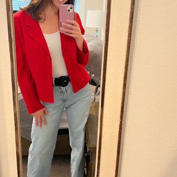 Orvis Blazer Jacket Womens 10 Red Rayon Linen Crop Bolero Office Work VTG Button - Picture 2 of 11